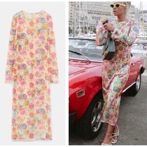 Zara S Sequin Mesh Floral Midi Maxi Dress Long Sleeve Sheer Festival